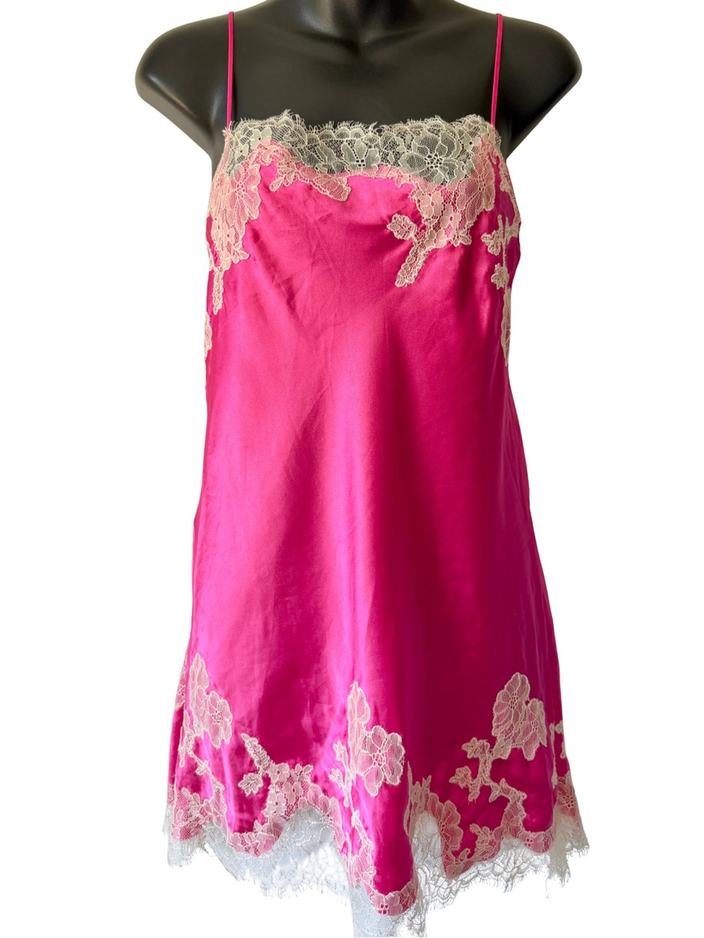 Victorias Secret Silk Lace Trim Chemise Slip Womens XS Hot Pink Cream Vintage